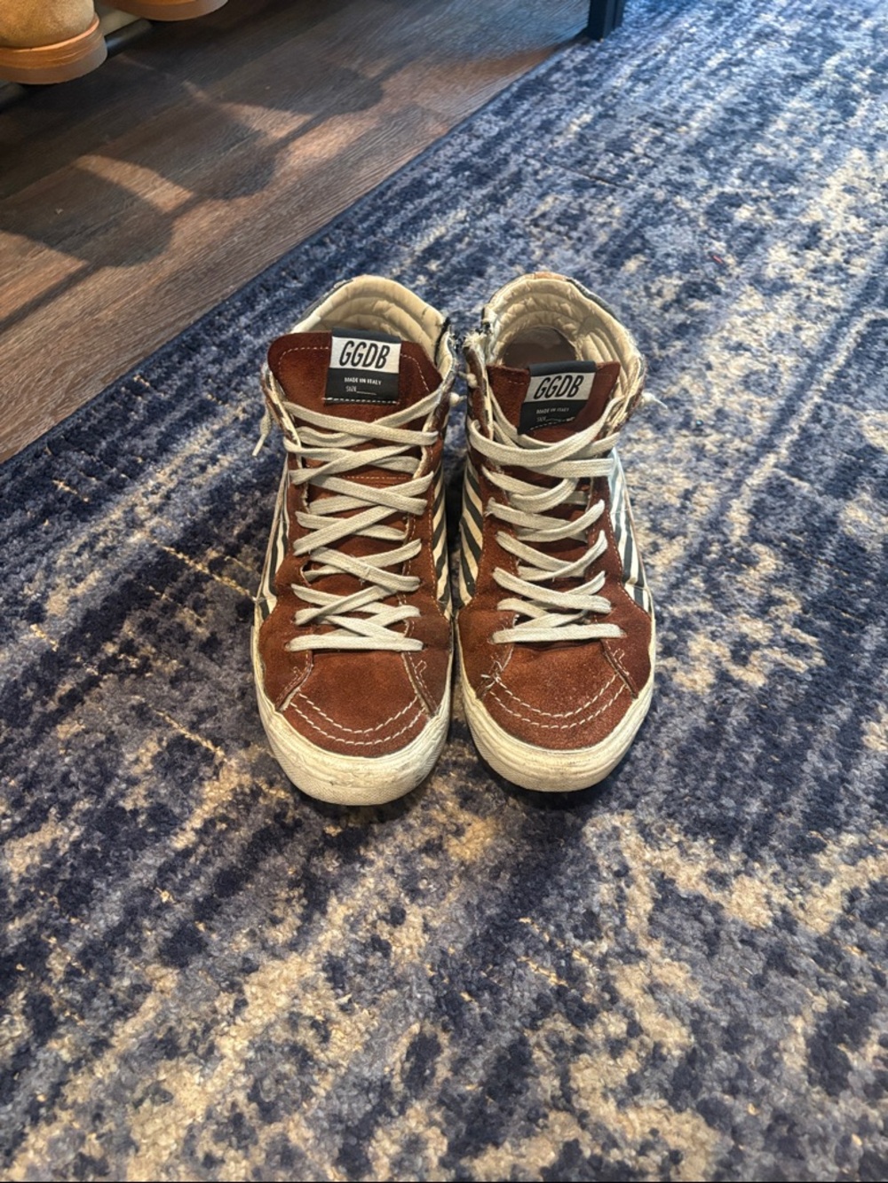 Golden Goose High-Top Sneakers in Black, White, Brown & Yellow Star